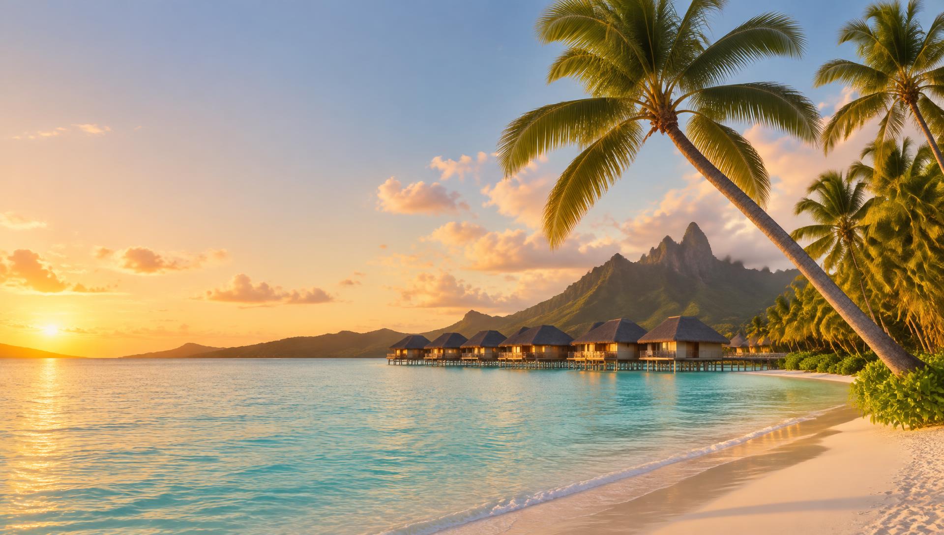 Turquoise lagoon with overwater villas at sunset
